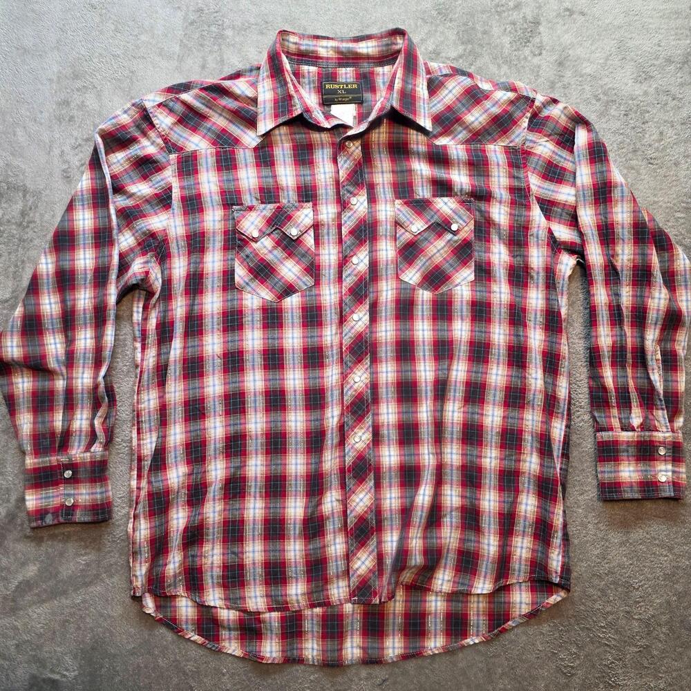 Rustler Button Up Shirt Mens XL Red Plaid Western Pearl Snap Long Sleeve